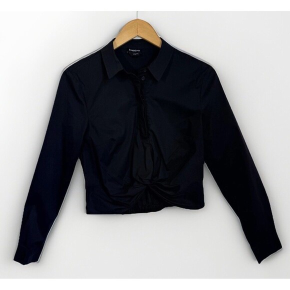 bebe Tops - Bebe Black Shirt Small Cotton blend  Button Front Twist Cropped Sharp Fitted